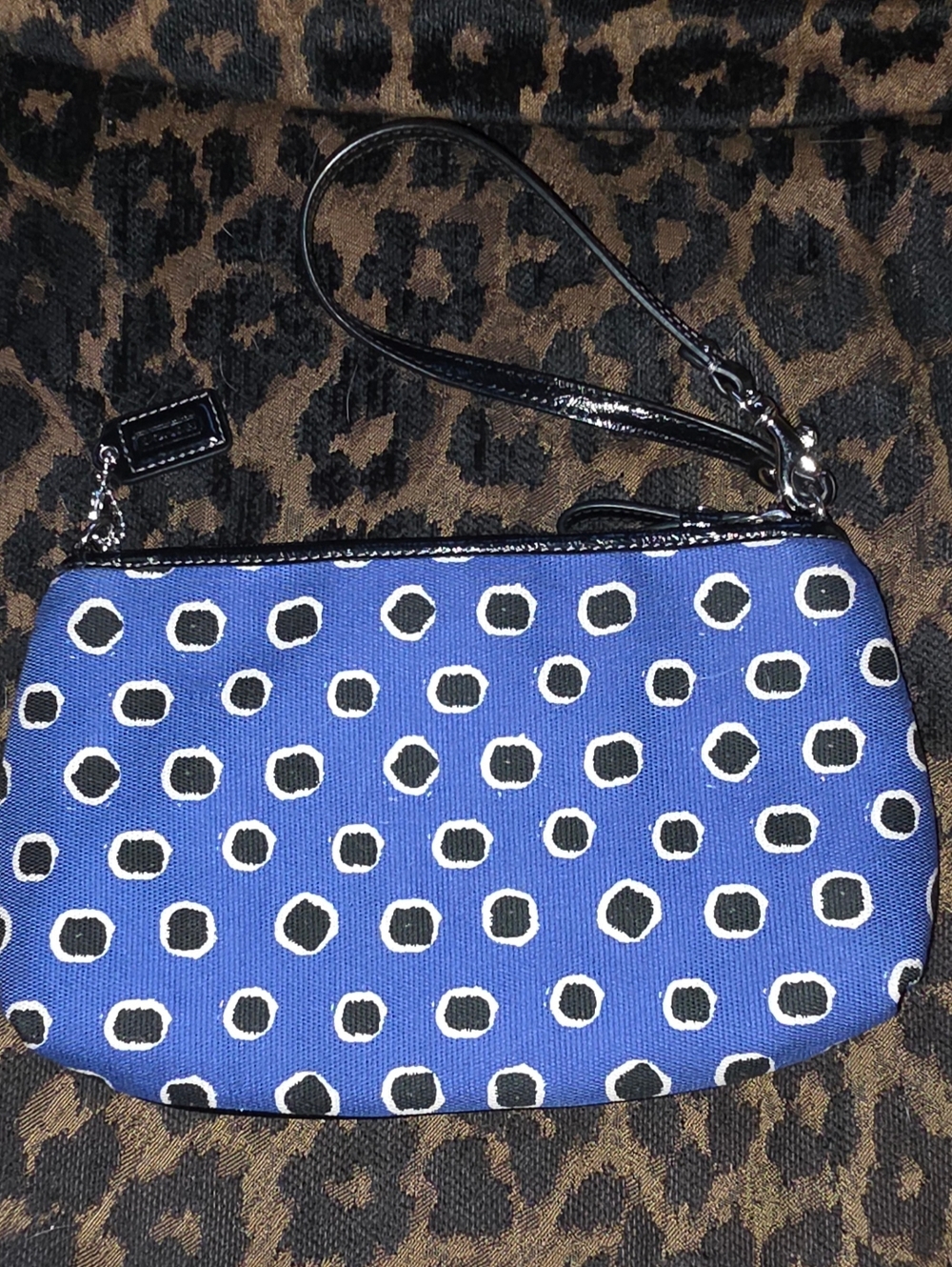Coach Blue Polka Dot Wristlet with Black Leather Trim - Coach NWT - Picture 2 of 5